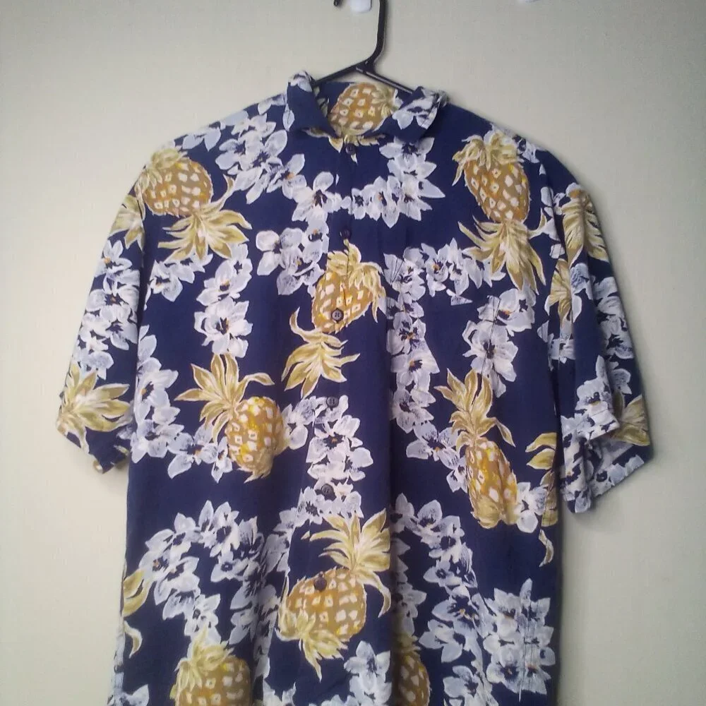 Newport Blue Shirt Men S Button Up Short Sleeve Tropical Floral Pineapple Blue - Picture 2 of 14